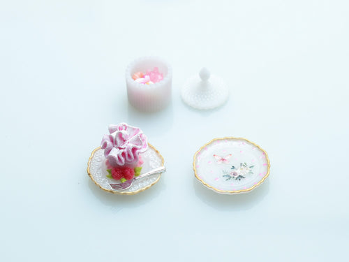 Dessert, Candy Jar & Decorative Plate Set (F) Pink Ruffle Cake / White  - Handmade Miniature Food