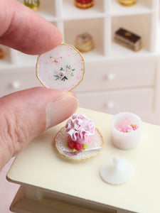Dessert, Candy Jar & Decorative Plate Set (F) Pink Ruffle Cake / White  - Handmade Miniature Food