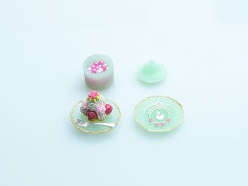 Dessert, Candy Jar & Decorative Plate Set (A) St Honoré / Green  - Handmade Miniature Food