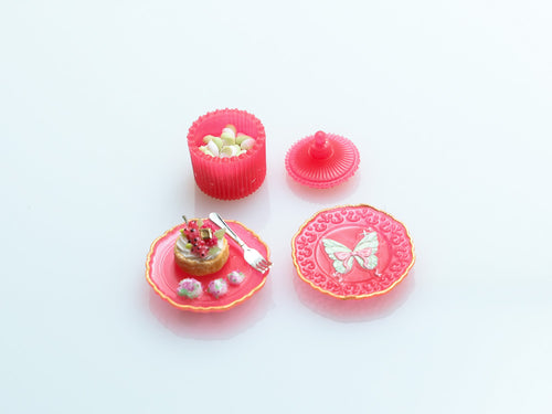 Dessert, Candy Jar & Decorative Plate Set (C) Red Currant Tartlet / Red  - Handmade Miniature Food