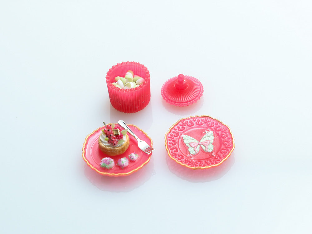 Dessert, Candy Jar & Decorative Plate Set (C) Red Currant Tartlet / Red  - Handmade Miniature Food