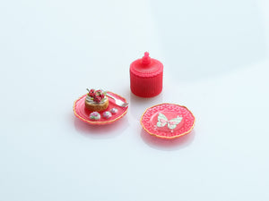Dessert, Candy Jar & Decorative Plate Set (C) Red Currant Tartlet / Red  - Handmade Miniature Food