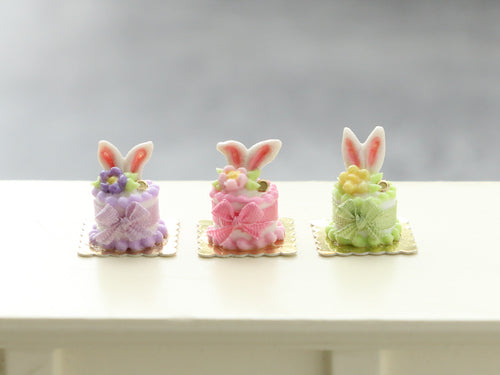 Small Bunny Ears Easter Cake - Pink, Green or Lilac - Handmade Miniature Food in 12th Scale for Dollhouse