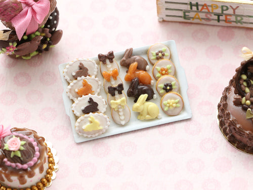 Easter Bunny and Egg Cookies in 3 Chocolates and Caramel - Miniature Food in 12th Scale for Dollhouse