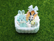 Load image into Gallery viewer, Pale Turquoise Easter Basket Filled with Easter Bunny, Cookie, Eggs - OOAK - Dollhouse Miniature