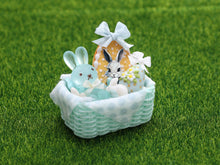 Load image into Gallery viewer, Pale Turquoise Easter Basket Filled with Easter Bunny, Cookie, Eggs - OOAK - Dollhouse Miniature