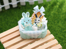 Load image into Gallery viewer, Pale Turquoise Easter Basket Filled with Easter Bunny, Cookie, Eggs - OOAK - Dollhouse Miniature