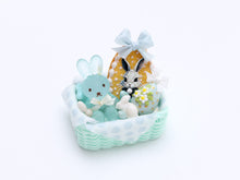 Load image into Gallery viewer, Pale Turquoise Easter Basket Filled with Easter Bunny, Cookie, Eggs - OOAK - Dollhouse Miniature