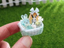Load image into Gallery viewer, Pale Turquoise Easter Basket Filled with Easter Bunny, Cookie, Eggs - OOAK - Dollhouse Miniature