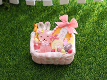 Load image into Gallery viewer, Pink Easter Basket Filled with Easter Bunny, Cookie, Eggs - OOAK - Dollhouse Miniature
