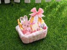 Load image into Gallery viewer, Pink Easter Basket Filled with Easter Bunny, Cookie, Eggs - OOAK - Dollhouse Miniature
