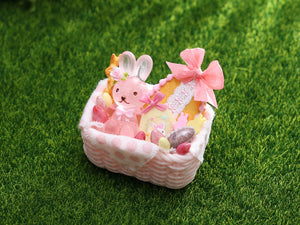 Pink Easter Basket Filled with Easter Bunny, Cookie, Eggs - OOAK - Dollhouse Miniature
