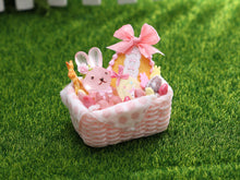 Load image into Gallery viewer, Pink Easter Basket Filled with Easter Bunny, Cookie, Eggs - OOAK - Dollhouse Miniature