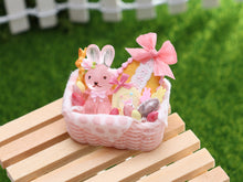 Load image into Gallery viewer, Pink Easter Basket Filled with Easter Bunny, Cookie, Eggs - OOAK - Dollhouse Miniature