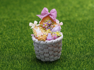 Round Easter Basket Filled with Pastel Coloured Goodies - OOAK - Dollhouse Miniature