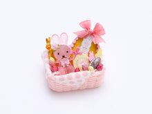 Load image into Gallery viewer, Pink Easter Basket Filled with Easter Bunny, Cookie, Eggs - OOAK - Dollhouse Miniature