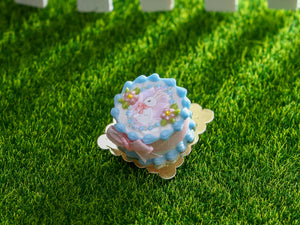 Small Pink & Blue Easter Cake with White Rabbit - OOAK - Dollhouse Miniature