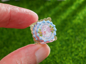 Small Pink & Blue Easter Cake with White Rabbit - OOAK - Dollhouse Miniature