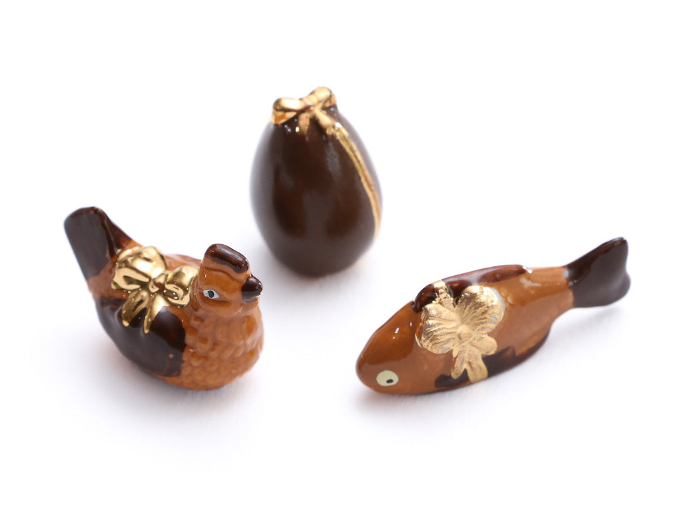 Set of Three French Porcelain Easter 'Chocolate' Decorations - Egg, Hen, Fish - OOAK - Dollhouse Miniature