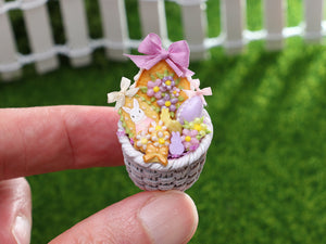 Round Easter Basket Filled with Pastel Coloured Goodies - OOAK - Dollhouse Miniature