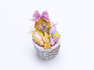 Round Easter Basket Filled with Pastel Coloured Goodies - OOAK - Dollhouse Miniature