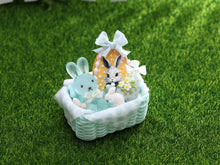 Load image into Gallery viewer, Pale Turquoise Easter Basket Filled with Easter Bunny, Cookie, Eggs - OOAK - Dollhouse Miniature