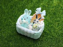 Load image into Gallery viewer, Pale Turquoise Easter Basket Filled with Easter Bunny, Cookie, Eggs - OOAK - Dollhouse Miniature