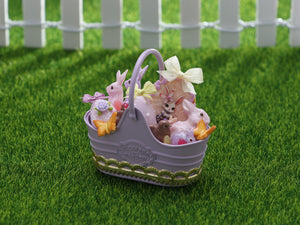 Mauve Easter Basket with Cute Miss Bunny Cookie - OOAK - Dollhouse Miniature
