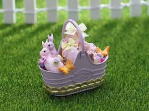 Mauve Easter Basket with Cute Miss Bunny Cookie - OOAK - Dollhouse Miniature