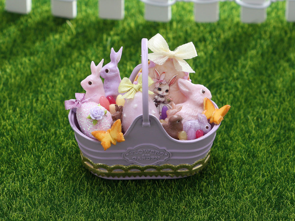 Mauve Easter Basket with Cute Miss Bunny Cookie - OOAK - Dollhouse Miniature