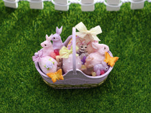 Load image into Gallery viewer, Mauve Easter Basket with Cute Miss Bunny Cookie - OOAK - Dollhouse Miniature