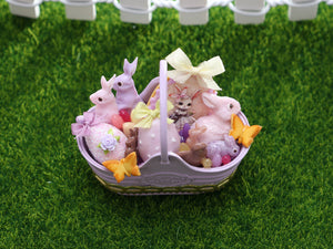 Mauve Easter Basket with Cute Miss Bunny Cookie - OOAK - Dollhouse Miniature