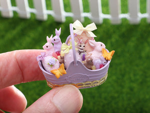 Mauve Easter Basket with Cute Miss Bunny Cookie - OOAK - Dollhouse Miniature