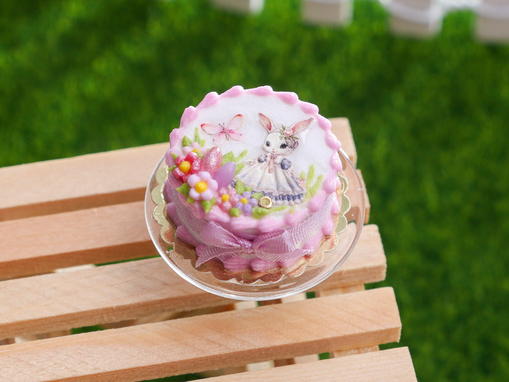 Cute Girl Bunny Chasing Butterfly Easter Cake - Dollhouse Miniature