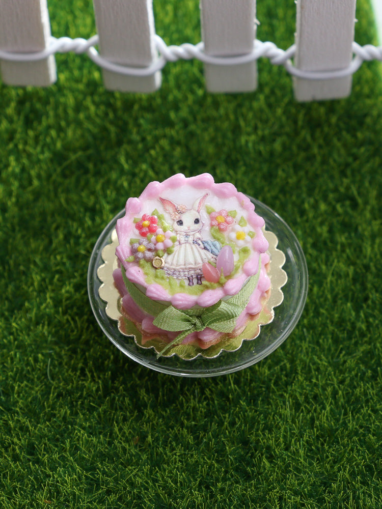 Cute Girl Bunny Walking Through a Meadow Easter Cake - OOAK - Dollhouse Miniature