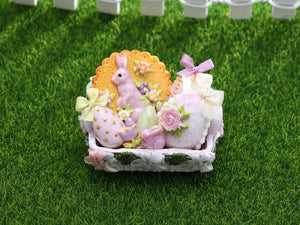 Easter Basket Filled with Pink and Pastel Coloured Goodies - OOAK - Dollhouse Miniature