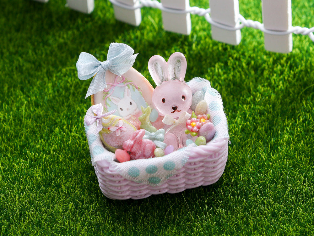 Pastel Easter Basket with Easter Bunny, Cookie, Eggs - OOAK - Dollhouse Miniature