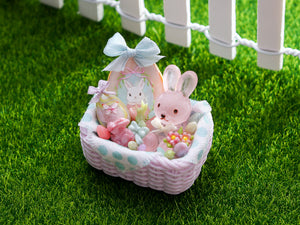 Pastel Easter Basket with Easter Bunny, Cookie, Eggs - OOAK - Dollhouse Miniature