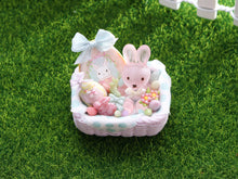 Load image into Gallery viewer, Pastel Easter Basket with Easter Bunny, Cookie, Eggs - OOAK - Dollhouse Miniature