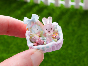 Pastel Easter Basket with Easter Bunny, Cookie, Eggs - OOAK - Dollhouse Miniature
