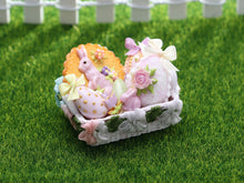 Load image into Gallery viewer, Easter Basket Filled with Pink and Pastel Coloured Goodies - OOAK - Dollhouse Miniature