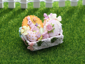 Easter Basket Filled with Pink and Pastel Coloured Goodies - OOAK - Dollhouse Miniature