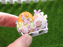 Load image into Gallery viewer, Easter Basket Filled with Pink and Pastel Coloured Goodies - OOAK - Dollhouse Miniature