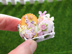 Easter Basket Filled with Pink and Pastel Coloured Goodies - OOAK - Dollhouse Miniature