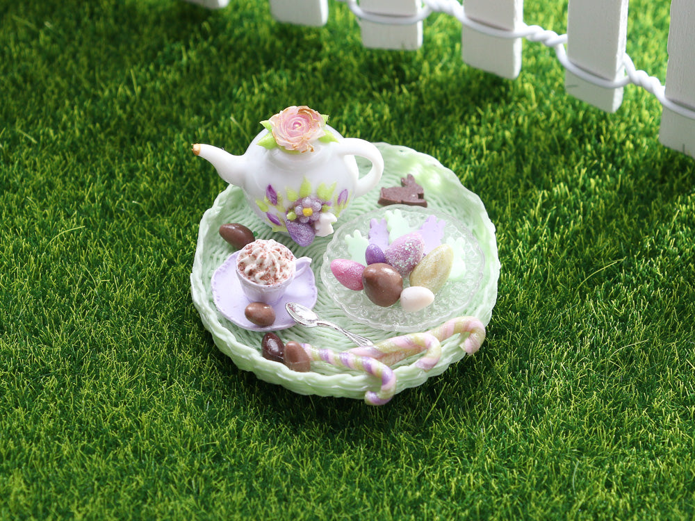 Easter Teatime Tray with Teapot, Cappuccino, Easter Goodies - OOAK - Dollhouse Miniature