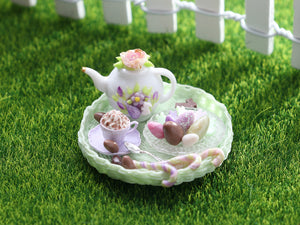 Easter Teatime Tray with Teapot, Cappuccino, Easter Goodies - OOAK - Dollhouse Miniature