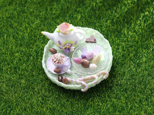 Easter Teatime Tray with Teapot, Cappuccino, Easter Goodies - OOAK - Dollhouse Miniature