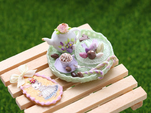 Easter Teatime Tray with Teapot, Cappuccino, Easter Goodies - OOAK - Dollhouse Miniature