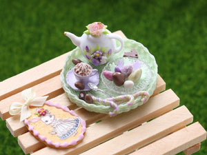 Easter Teatime Tray with Teapot, Cappuccino, Easter Goodies - OOAK - Dollhouse Miniature