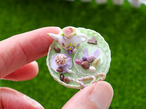 Easter Teatime Tray with Teapot, Cappuccino, Easter Goodies - OOAK - Dollhouse Miniature